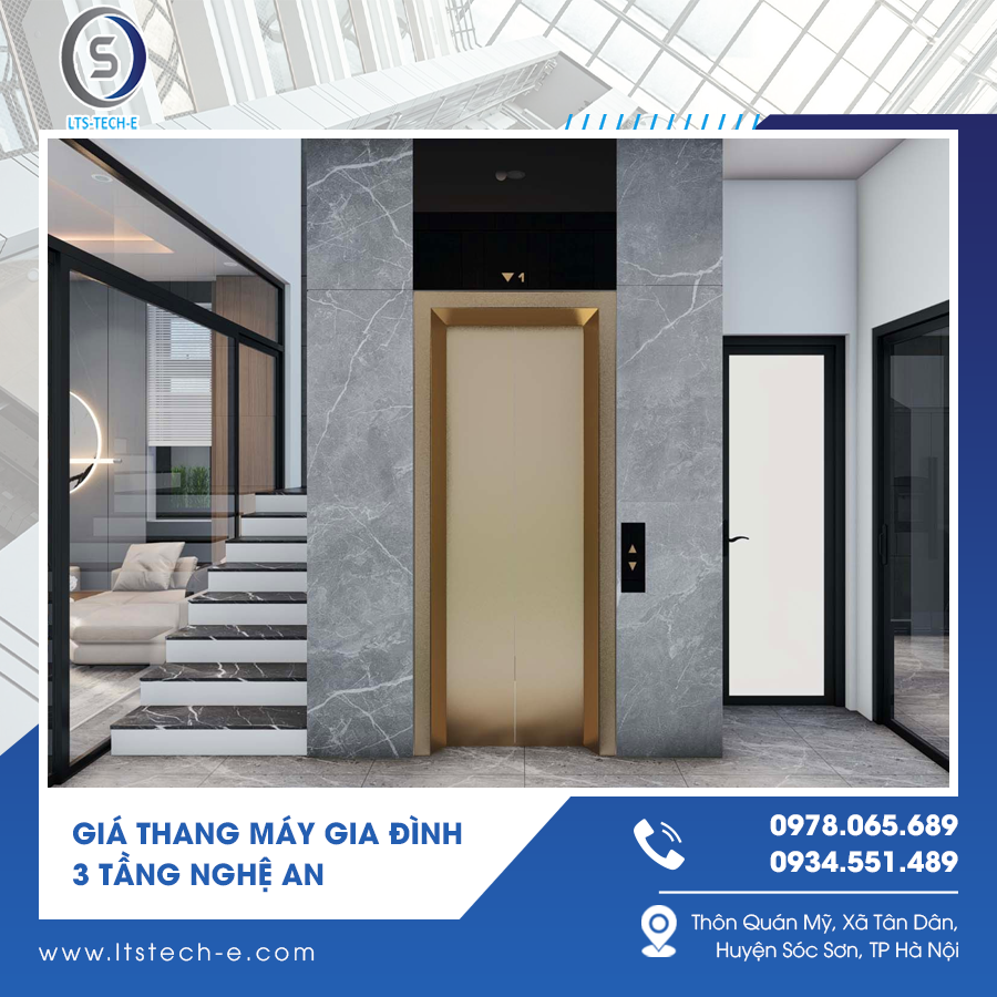Thang máy lắp đặt gọn gàng sát cầu thang bộ 3 tầng.