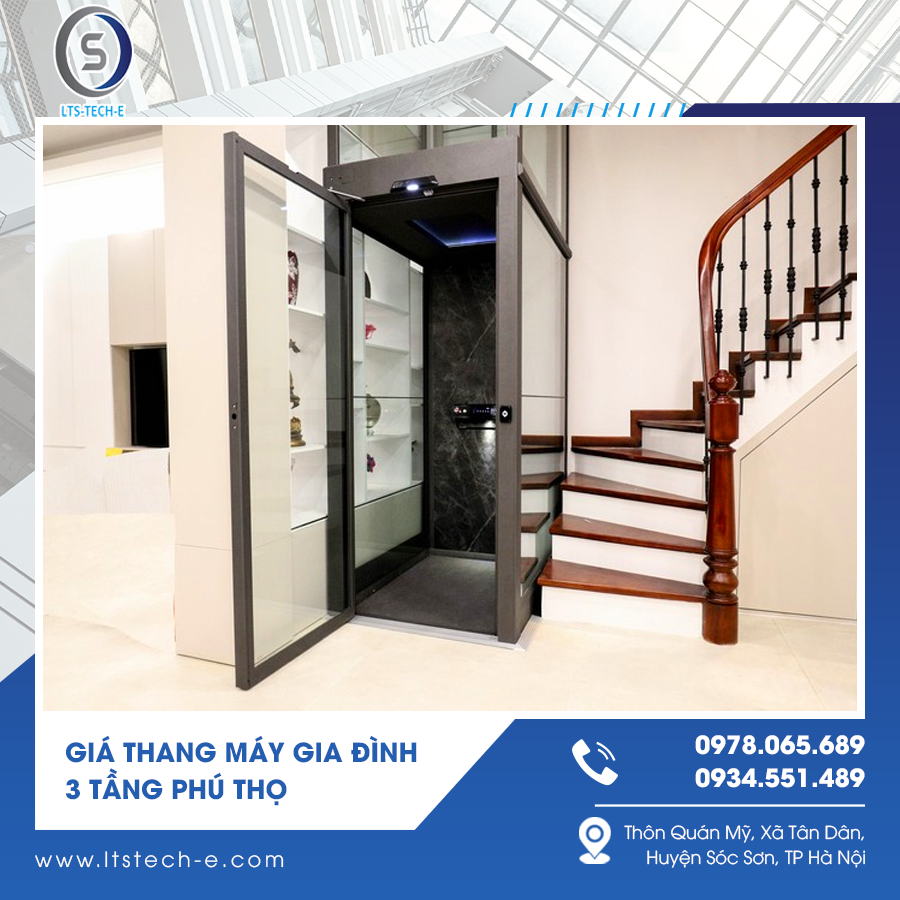 Thang máy gia đình 3 tầng thiết kế kính cường lực sang trọng.