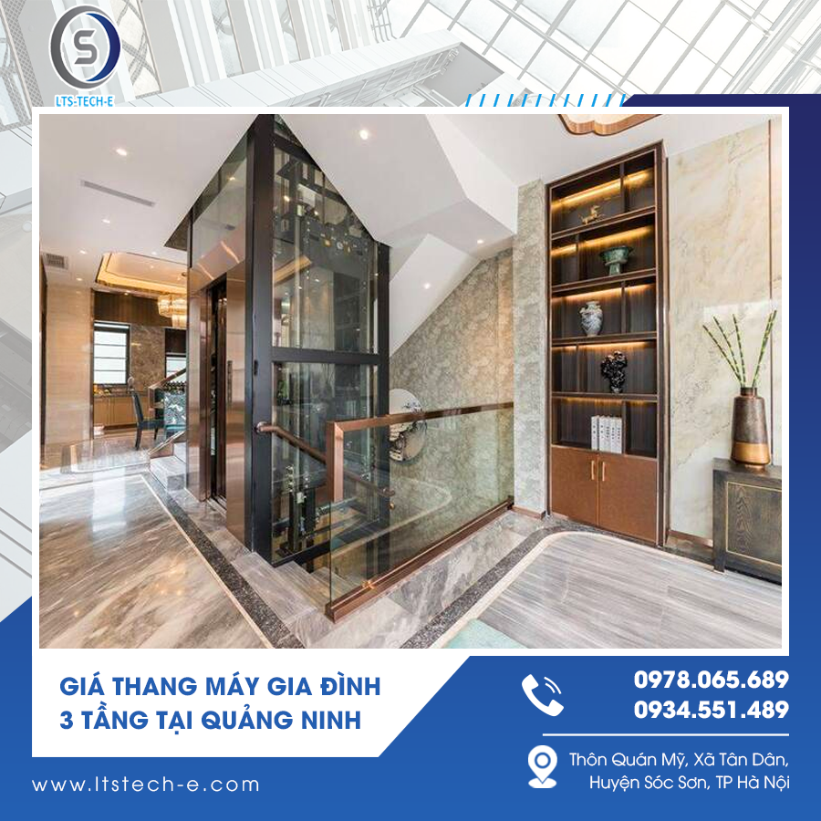 Thiết kế thang máy 3 tầng đồng bộ với màu tường và sàn nhà.